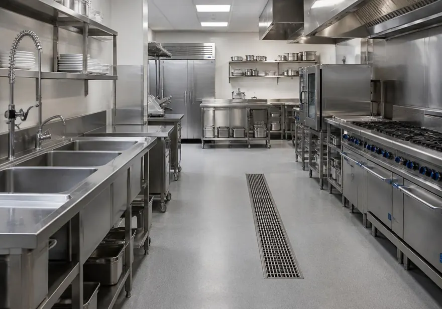 Cozinha comercial com pias e ralo linear